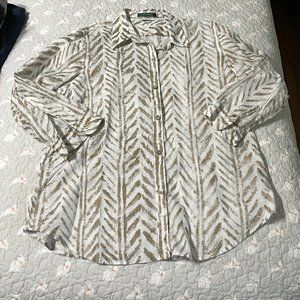 Lauren Ralph Lauren White linen blouse with Metallic Gold Print, Great Cond.  M